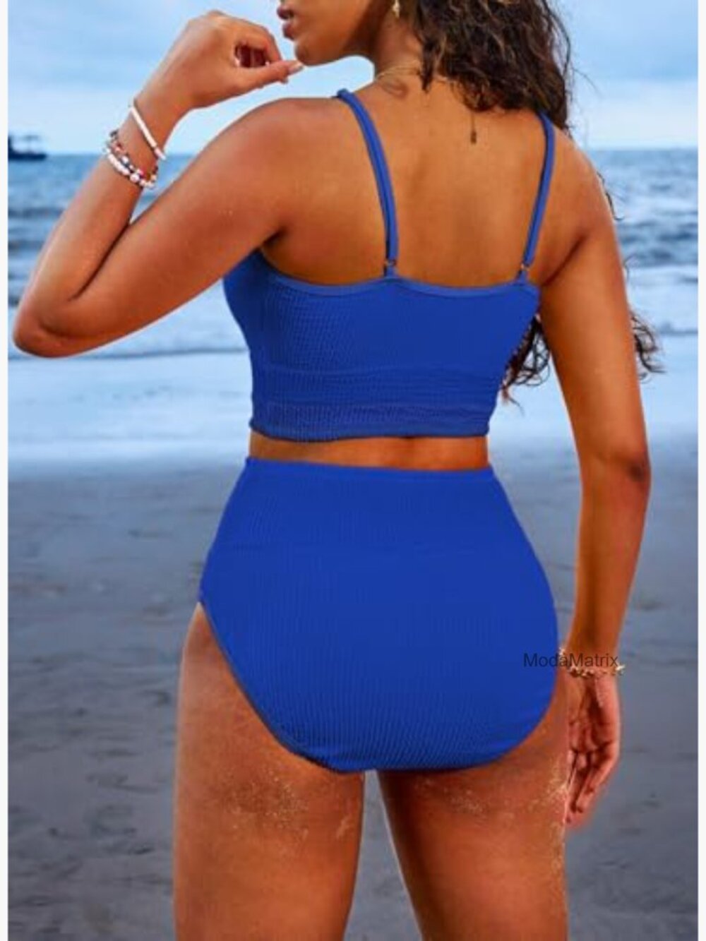Large High Waisted Bikini Set Scrunch Ribbed Fabric Padded Top - Picture 3 of 7